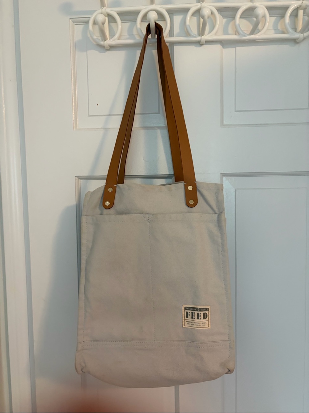 FEED Canvas Tote Bag with Brown Straps - Beige